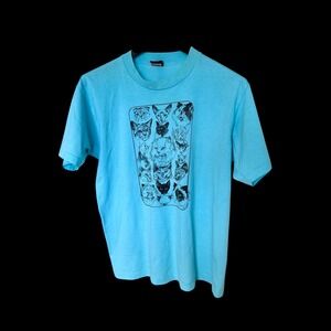 Vintage 90s Cat Kindness T-Shirt Turquoise Blue Mens L